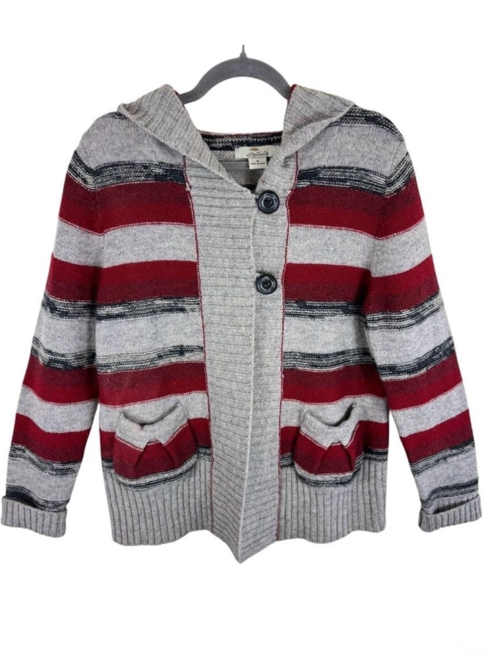 Bob Timberlake 100% Lamb's Wool Hooded Red Gray Striped Button Up Cardigan Sz M